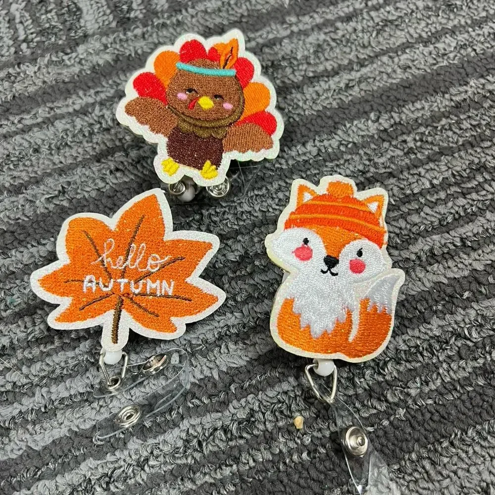 Fall Retractable Badge Reel Set | 3 Embroidered Nurse ID Turkey, Fox Autumn Leaf